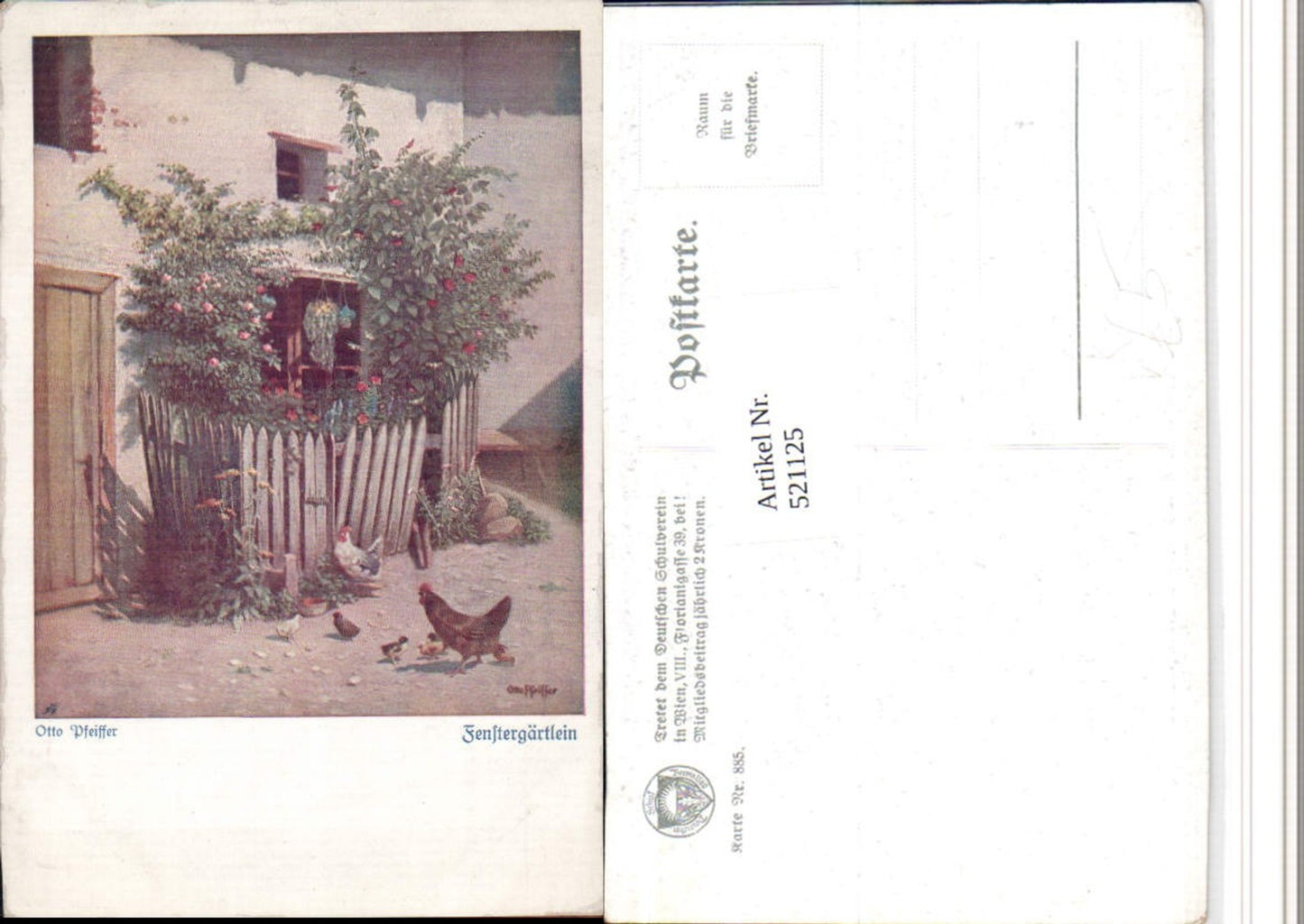 521125,Deutscher Schulverein 885 Künstler Otto Pfeiffer Fenstergärtlein Hühner