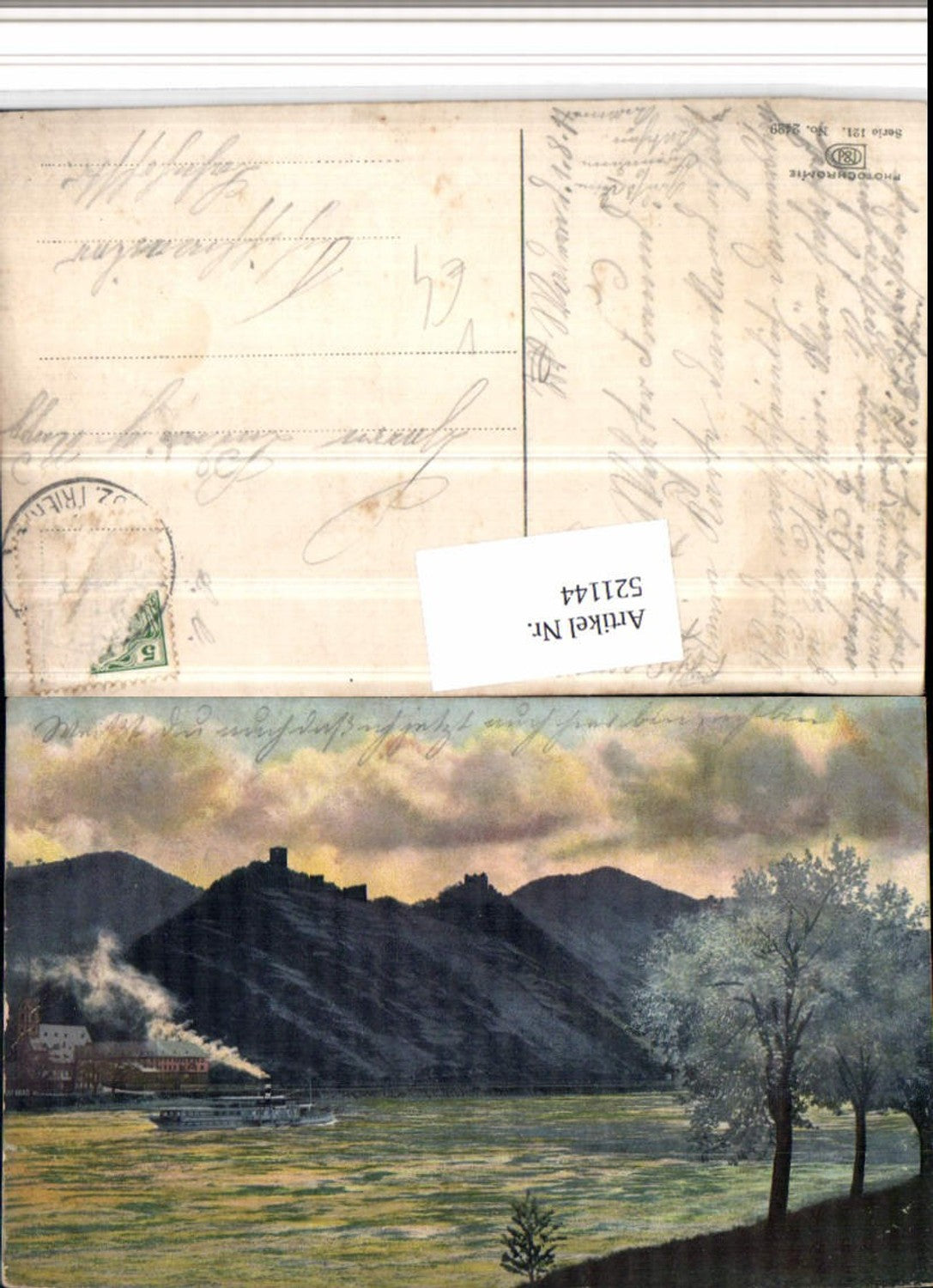 521144,Photochromie Nenke & Ostermaier 121/2429 Fluss Dampfer Ruinen