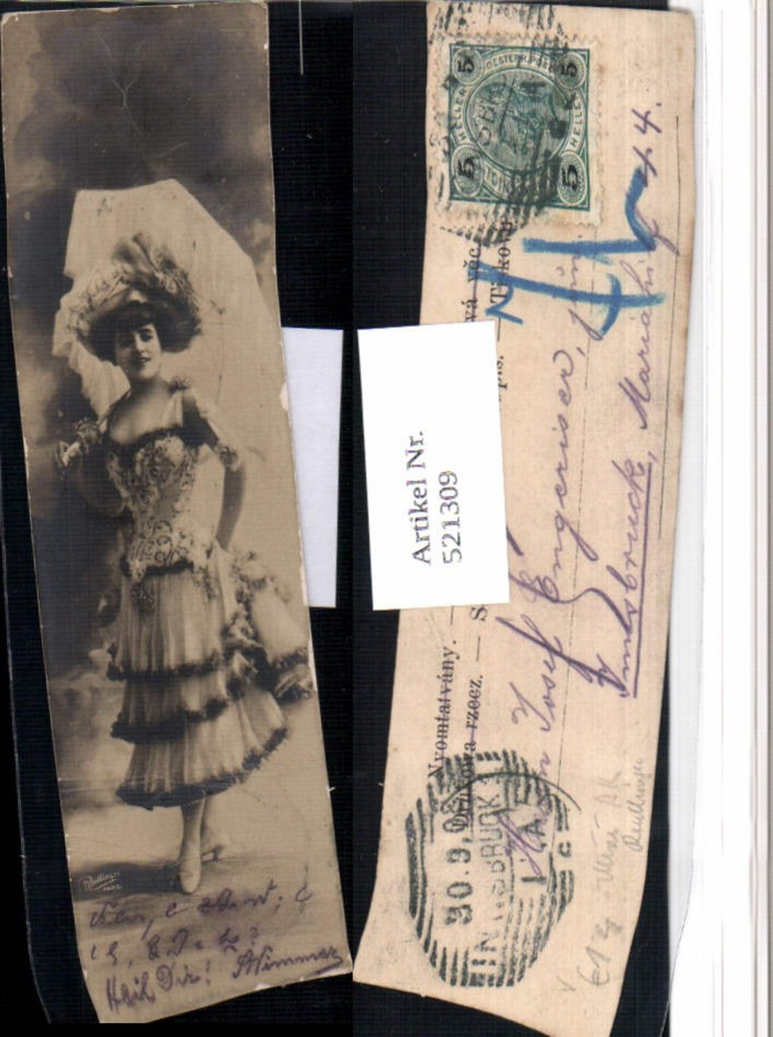521309,Mini AK Fotokunst Reutlinger Paris Frau Kleid Schirm Hut