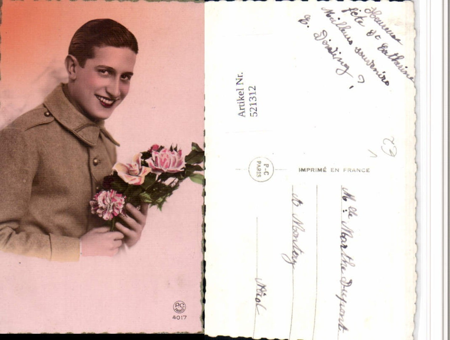 521312,P.C. Paris 4017 Mann Mantel Portrait Blumen Rosen
