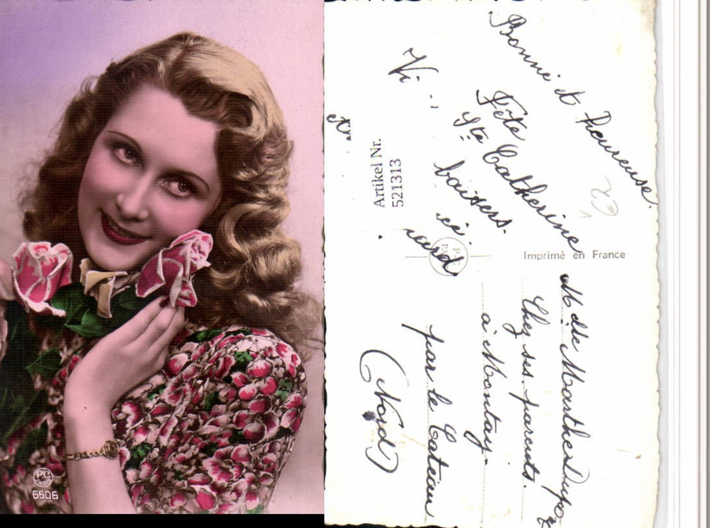 521313,P.C. Paris 6506 Frau Portrait Uhr Blumen Rosen
