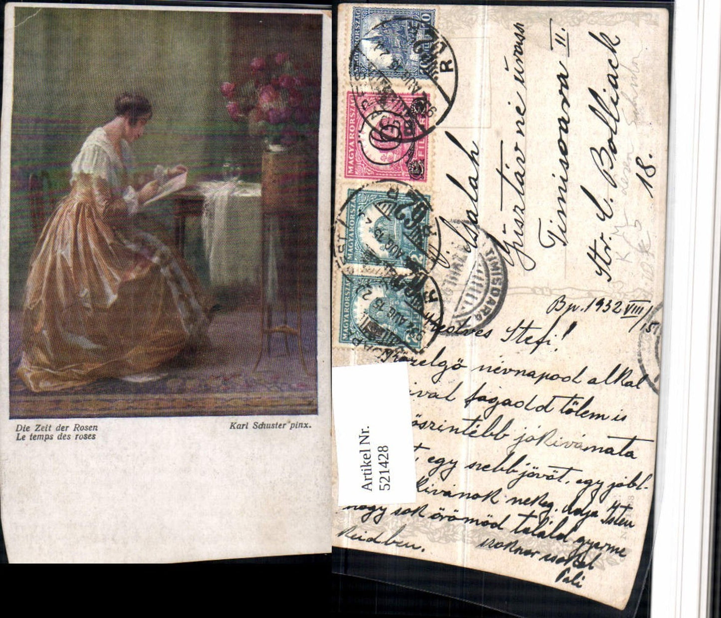 521428,Künstler AK K. Schuster Zeit Rosen Frau Kleid Lesen Schreiben pub B.K.W.I. 1668