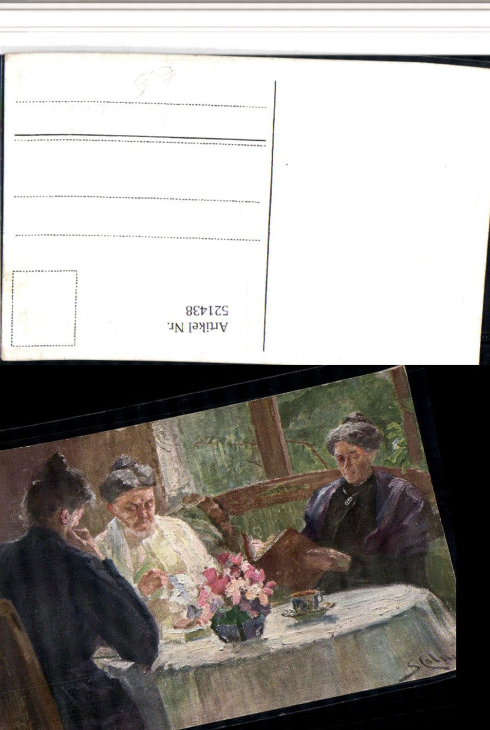 521438,Künstler AK Frauen Buch Lesen Stricken Tisch