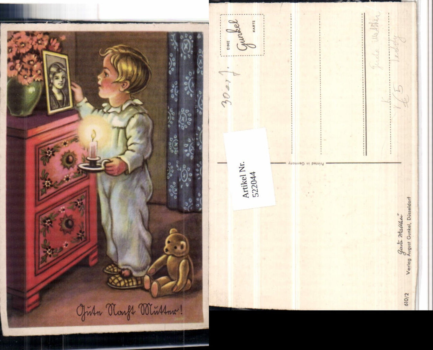 522044,Künstler AK Gerda Matthei Kind Kerze Teddy Bild pub August Gunkel 610/2