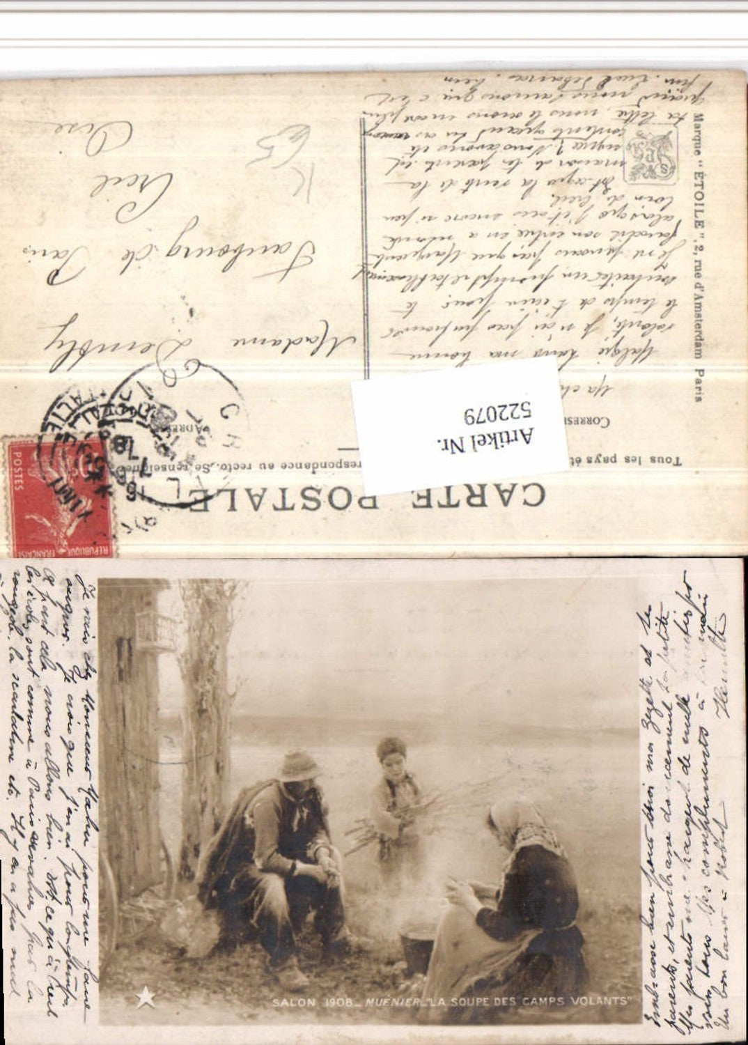 522079,Künstler AK Muenier La Soupe des Camps Volants Familie Feuer