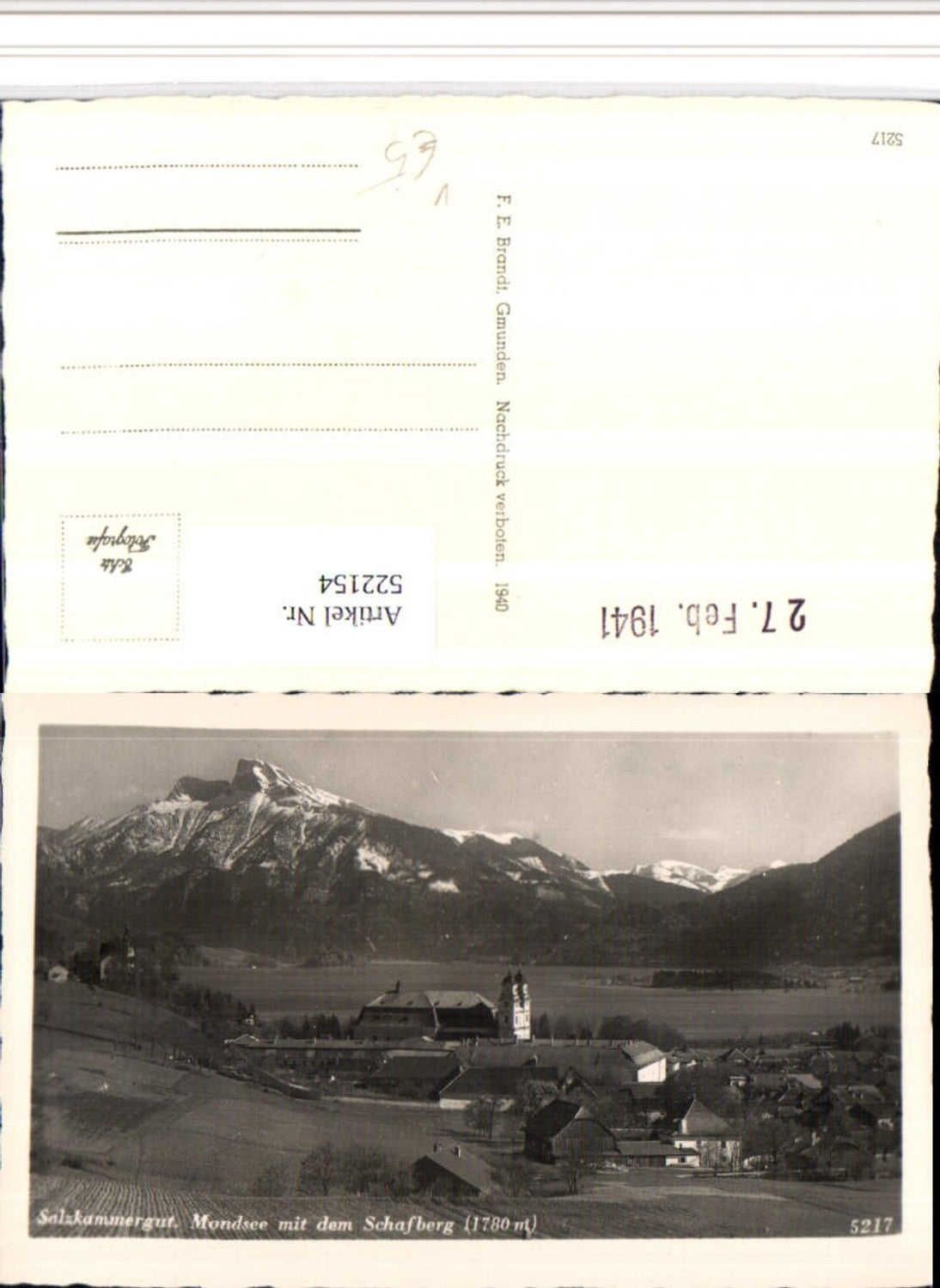 522154,Mondsee Totale m. Schafberg Bergkulisse pub F.E. Brandt 5217
