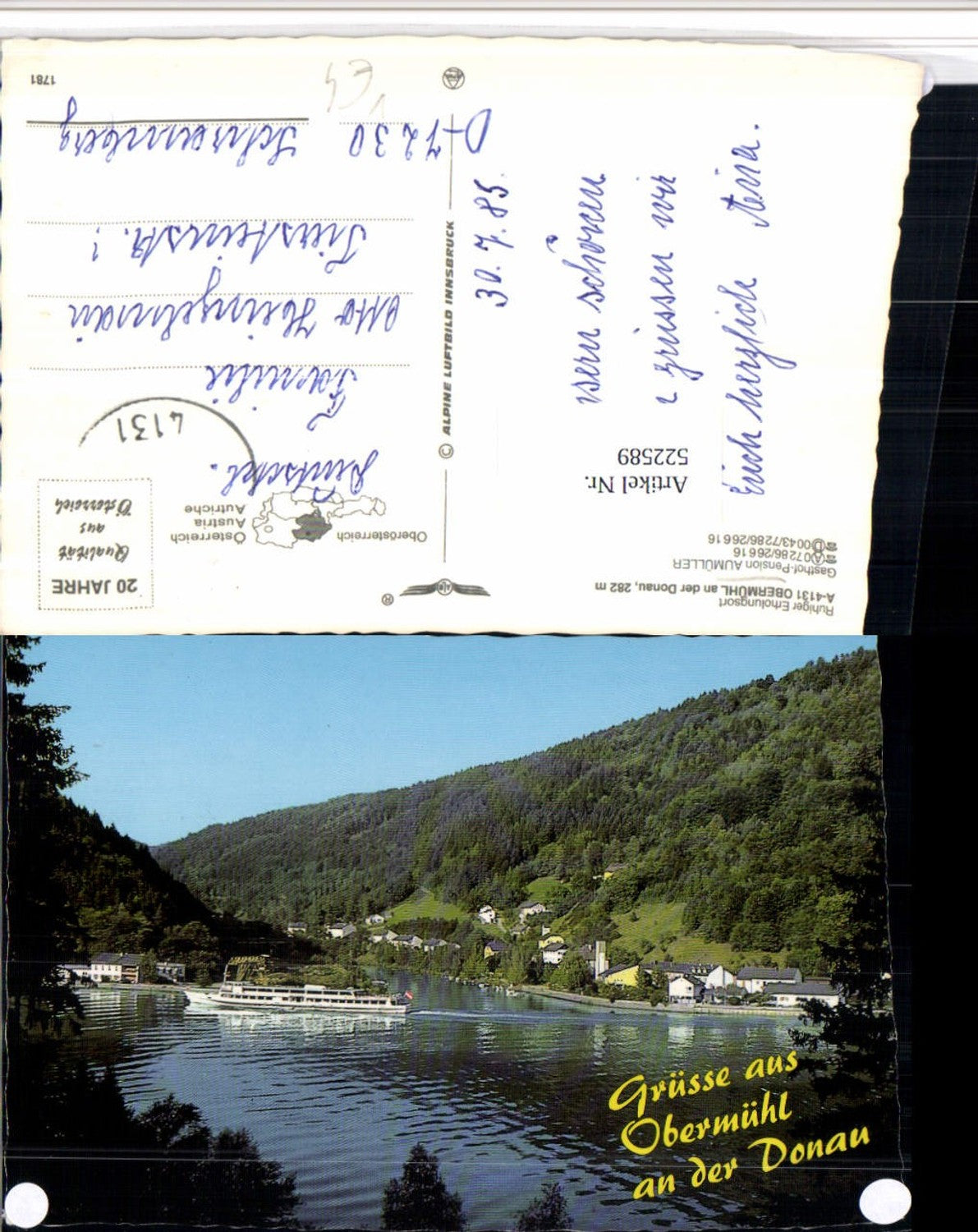 522589, Obermühl on the Danube, partial view of a ship, Alpine aerial photograph 1781