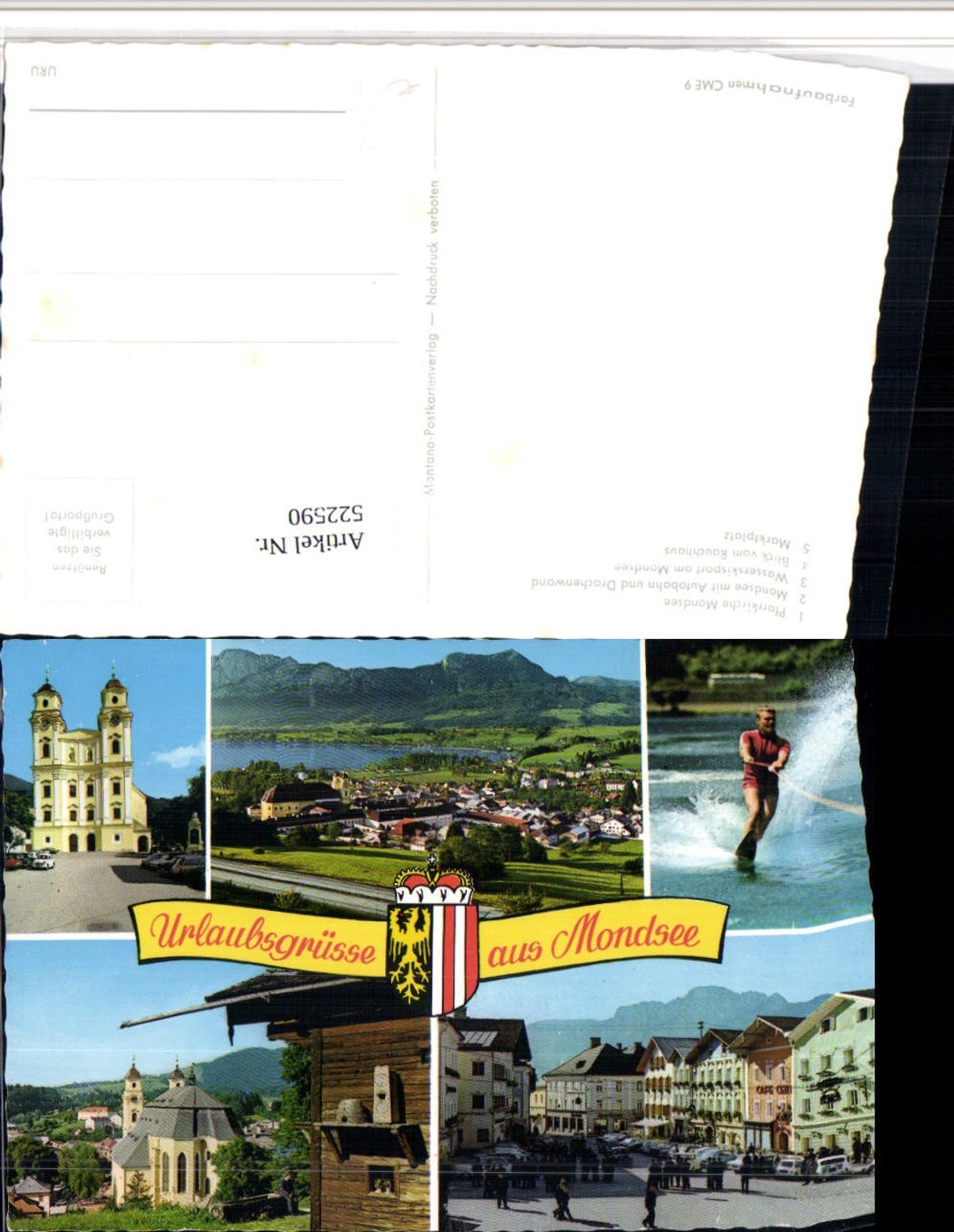 522590,Mondsee Totale Stift Kirche Wasserski Mehrbildkarte