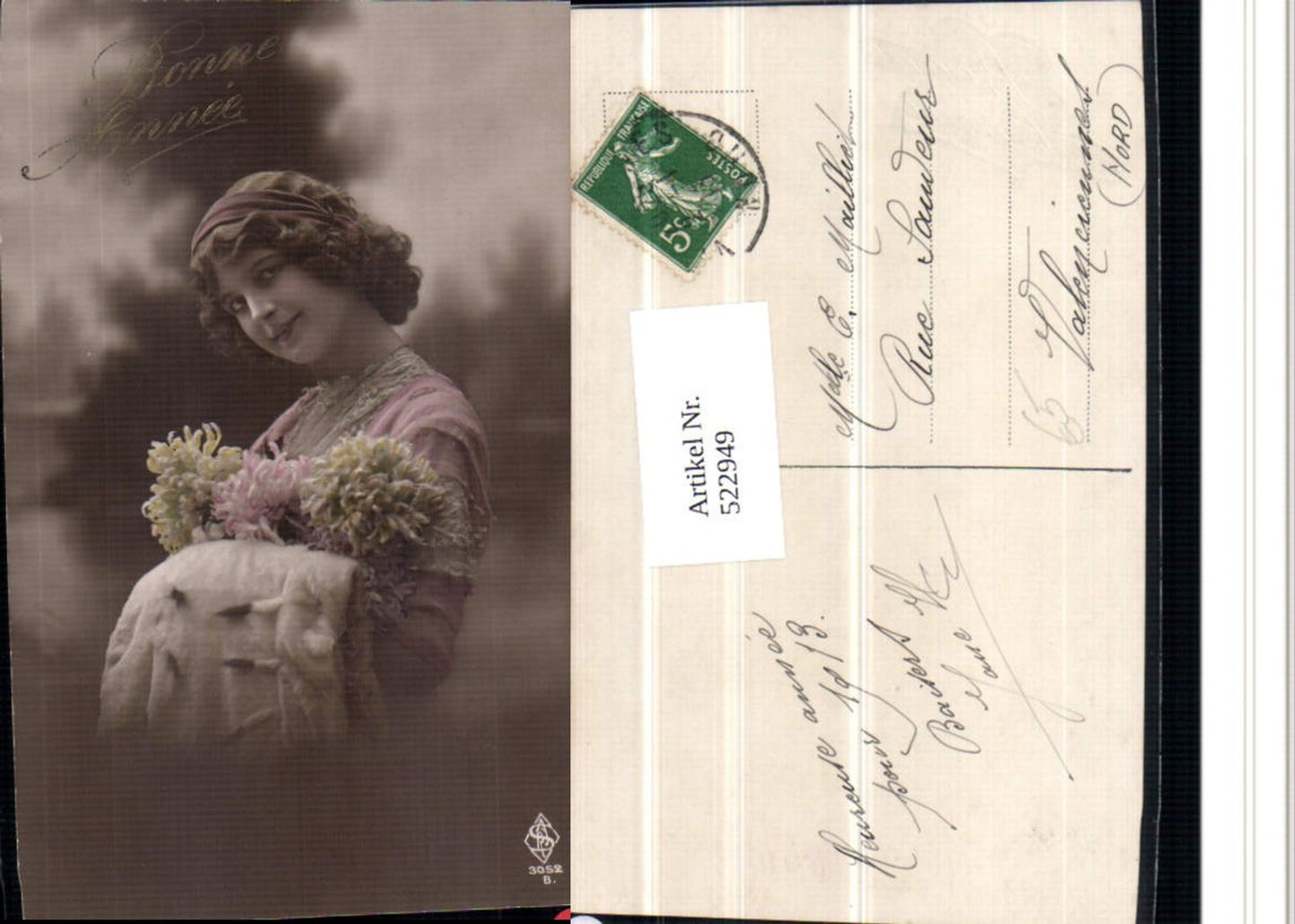 522949,tolle Foto-AK  Frau Portrait Blumen Muff
