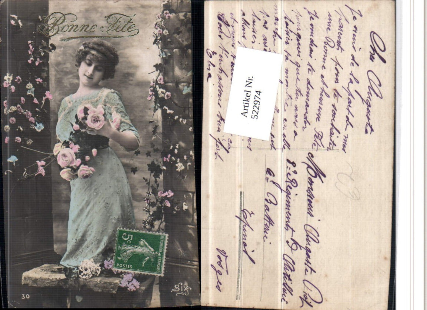 522974,tolle Foto-AK Frau mit Rosen Blumen Kleid