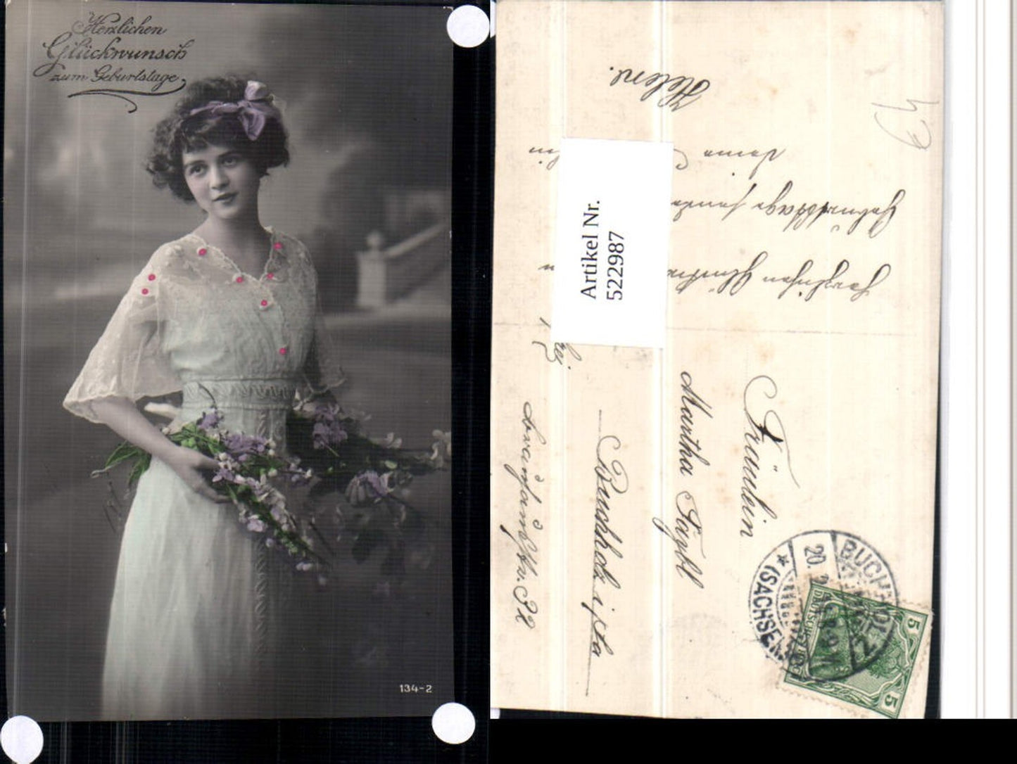 522987,Foto-AK Frau mit Blumen Kleid Stempel Buchholz Annaberg