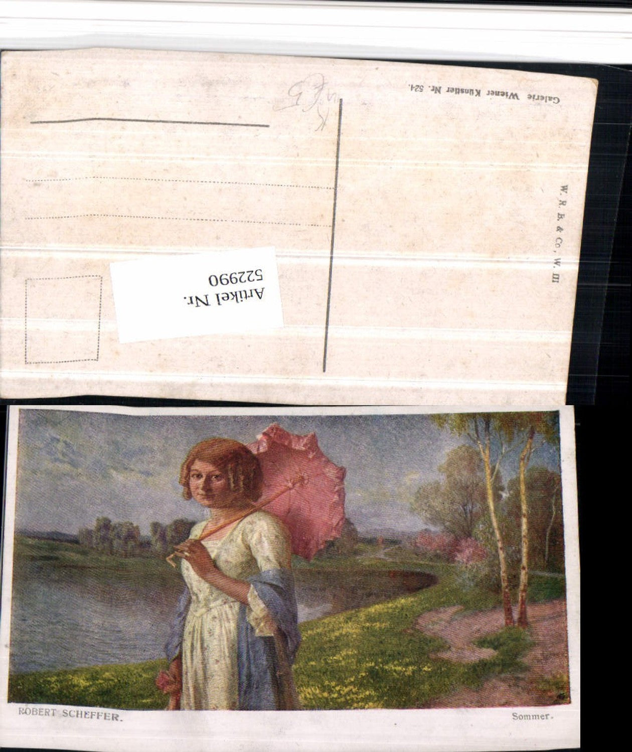 522990,Künstler AK Robert Scheffer Sommer Frau m. Schirm Kleid Teich