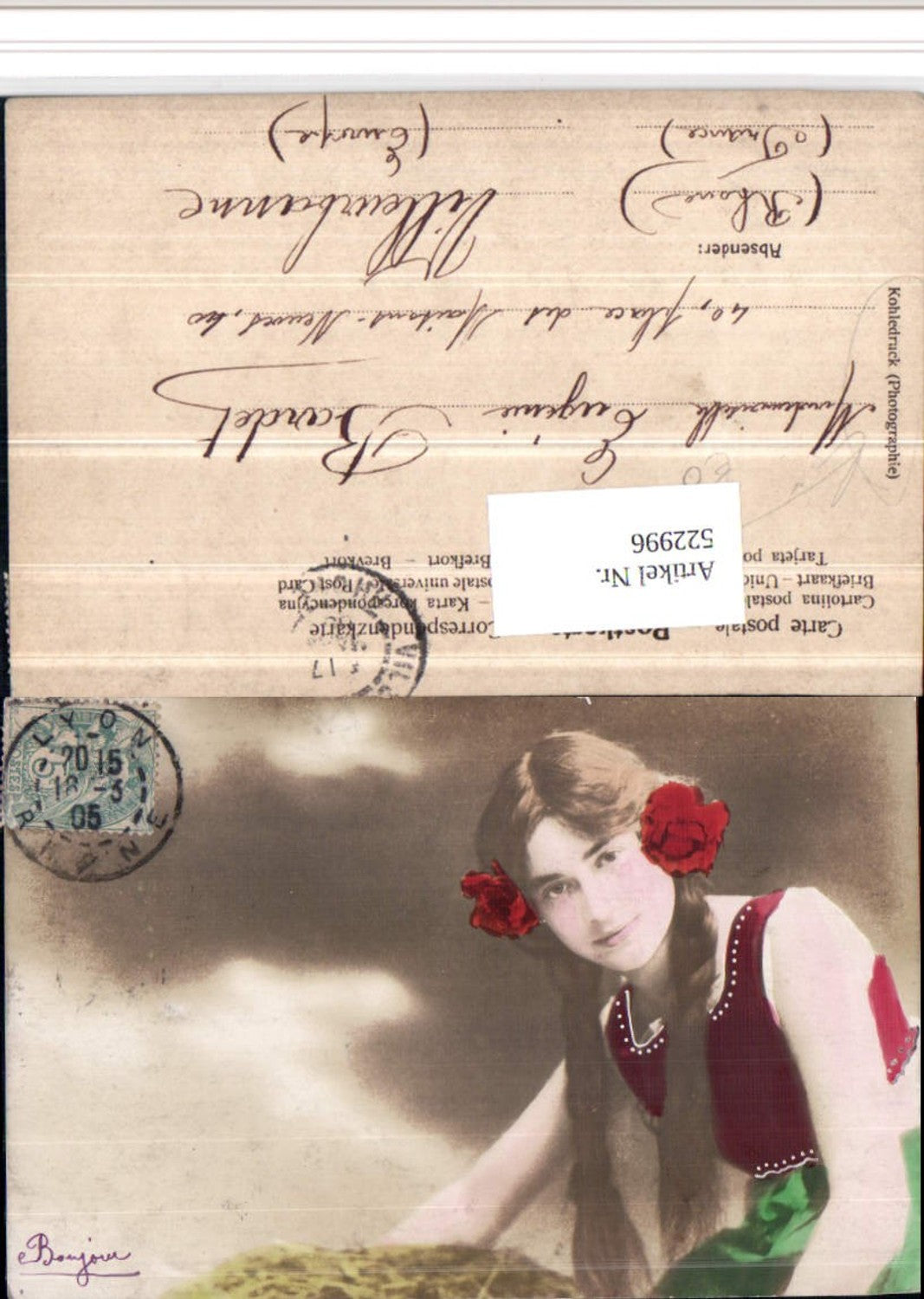 522996,Kohledruck Photographie Frau Portrait Zöpfe Blumen