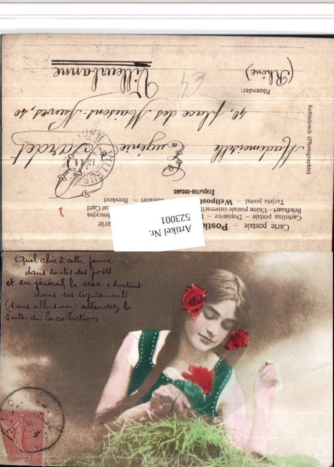 523001,Kohledruck Photographie Frau Portrait Blumen Heu