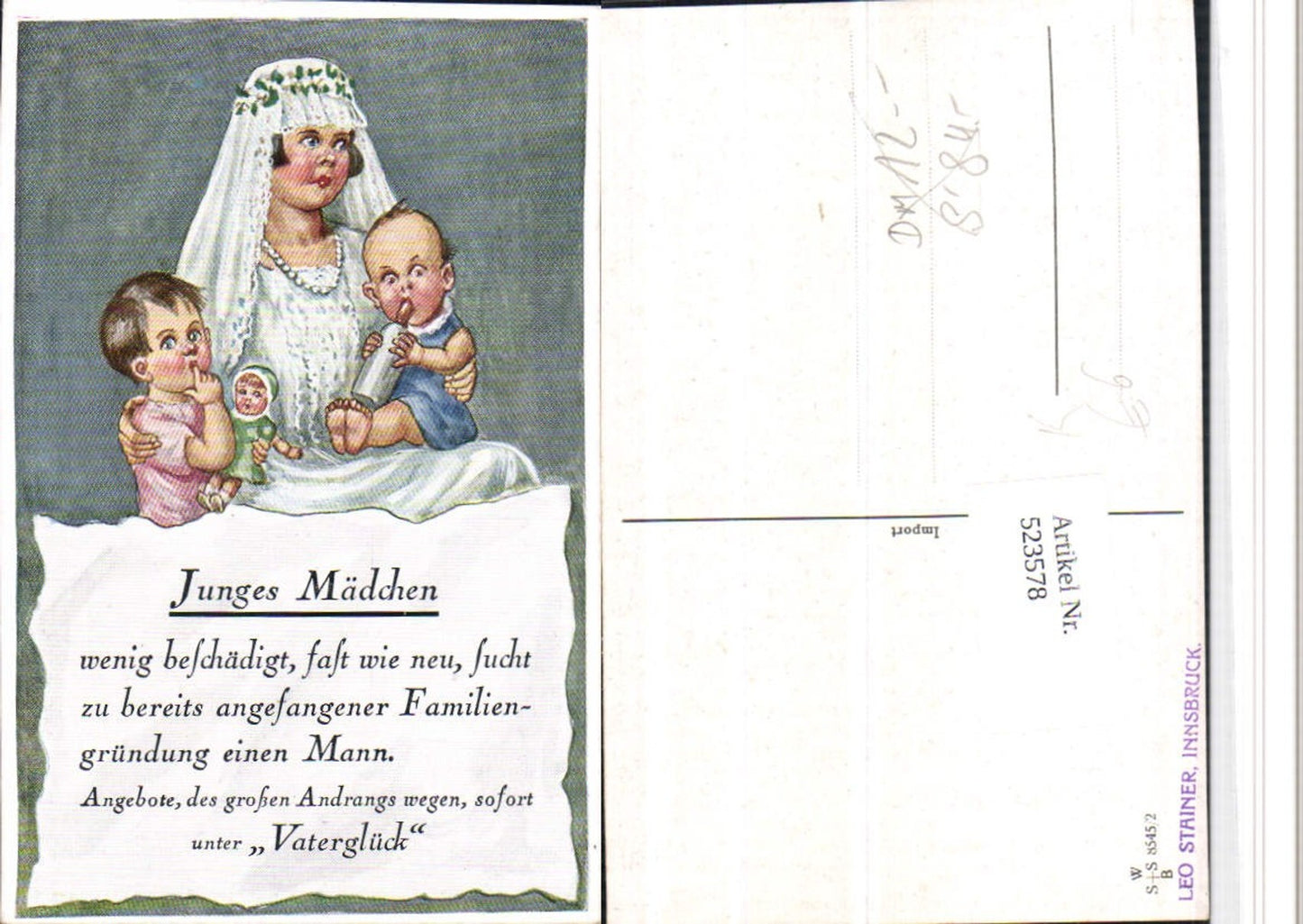 523578,Künstler AK Junges Mädchen Puppe Fläschen Humor Braut