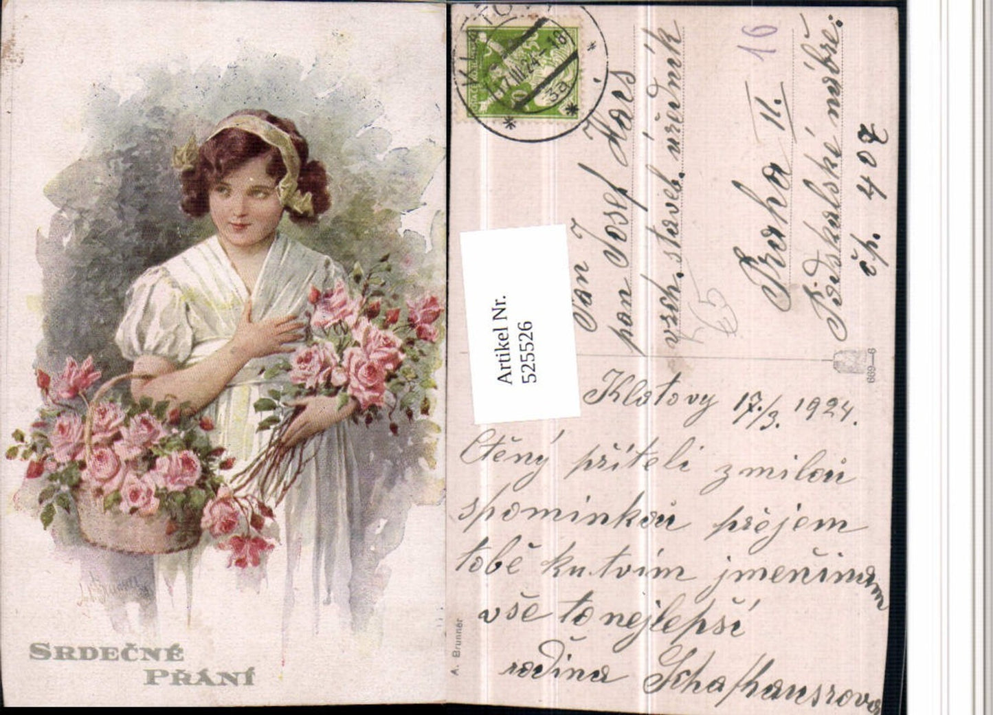 525526,Künstler AK A. Brunner Mädchen Kleid Rosen Blumen