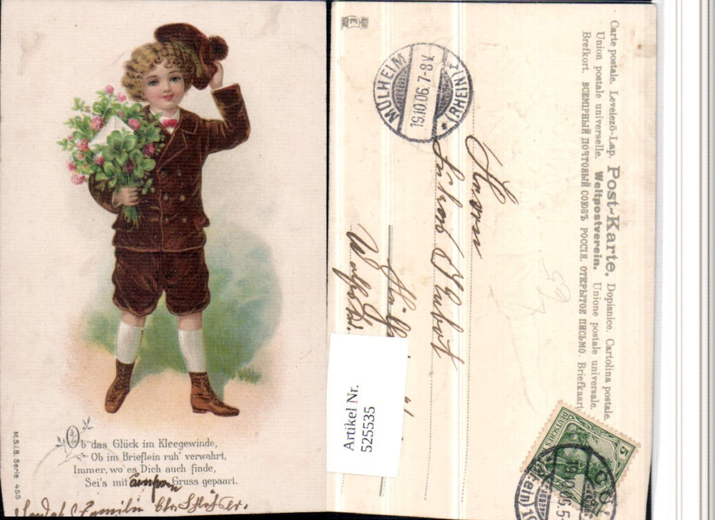 525535,Präge Litho Kind Junge Blumen Blumenstrauß pub M.S.i.B.
