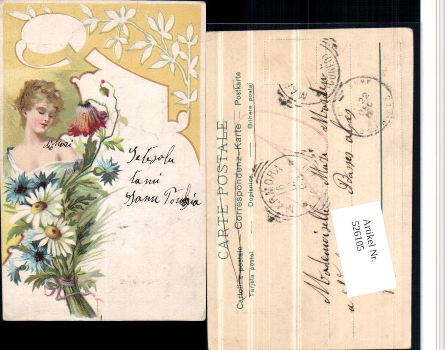 526105,Künstler AK Jugendstil Art Nouveau Litho Blumen Frau