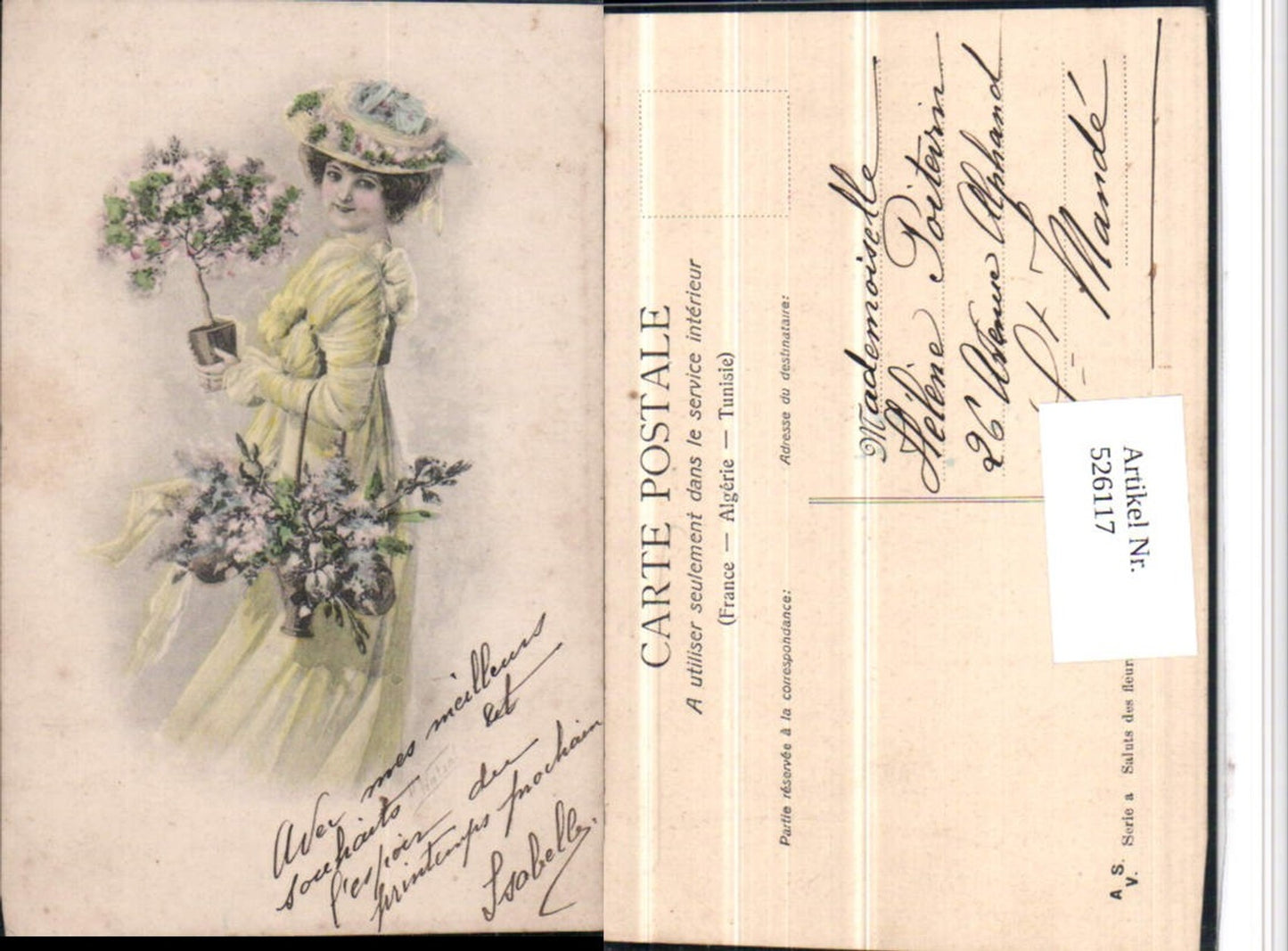 526117,Künstler AK Frau Blumen Kleid Hut Mode