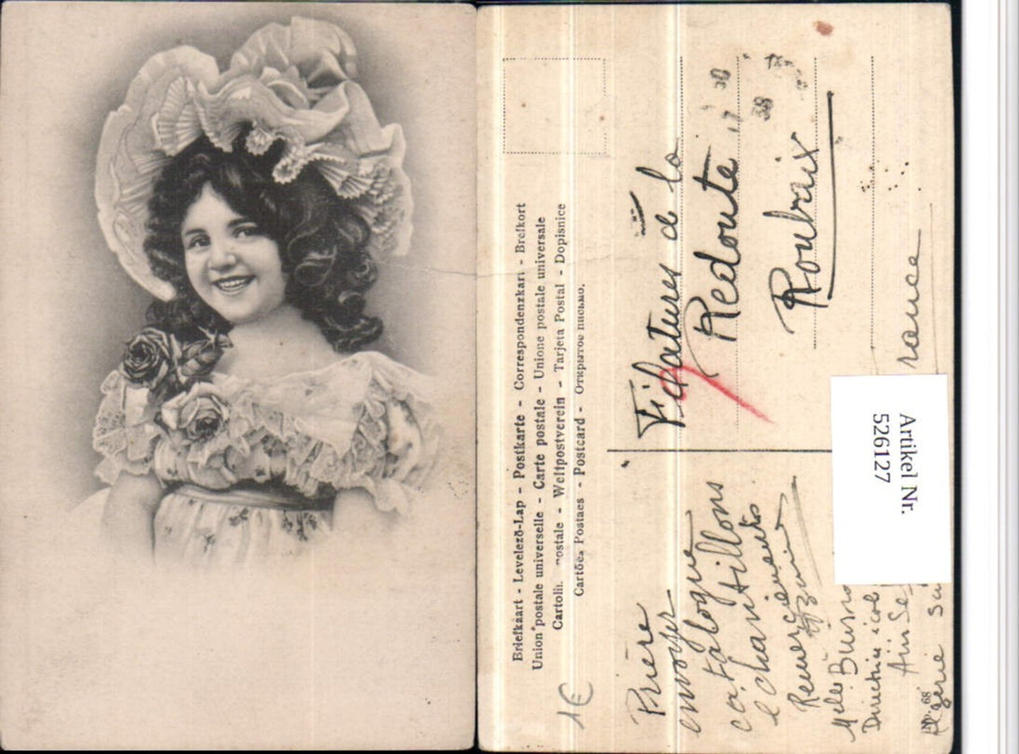 526127,Künstler AK Frau Portrait fröhliche Frau lacht Rosen Mode