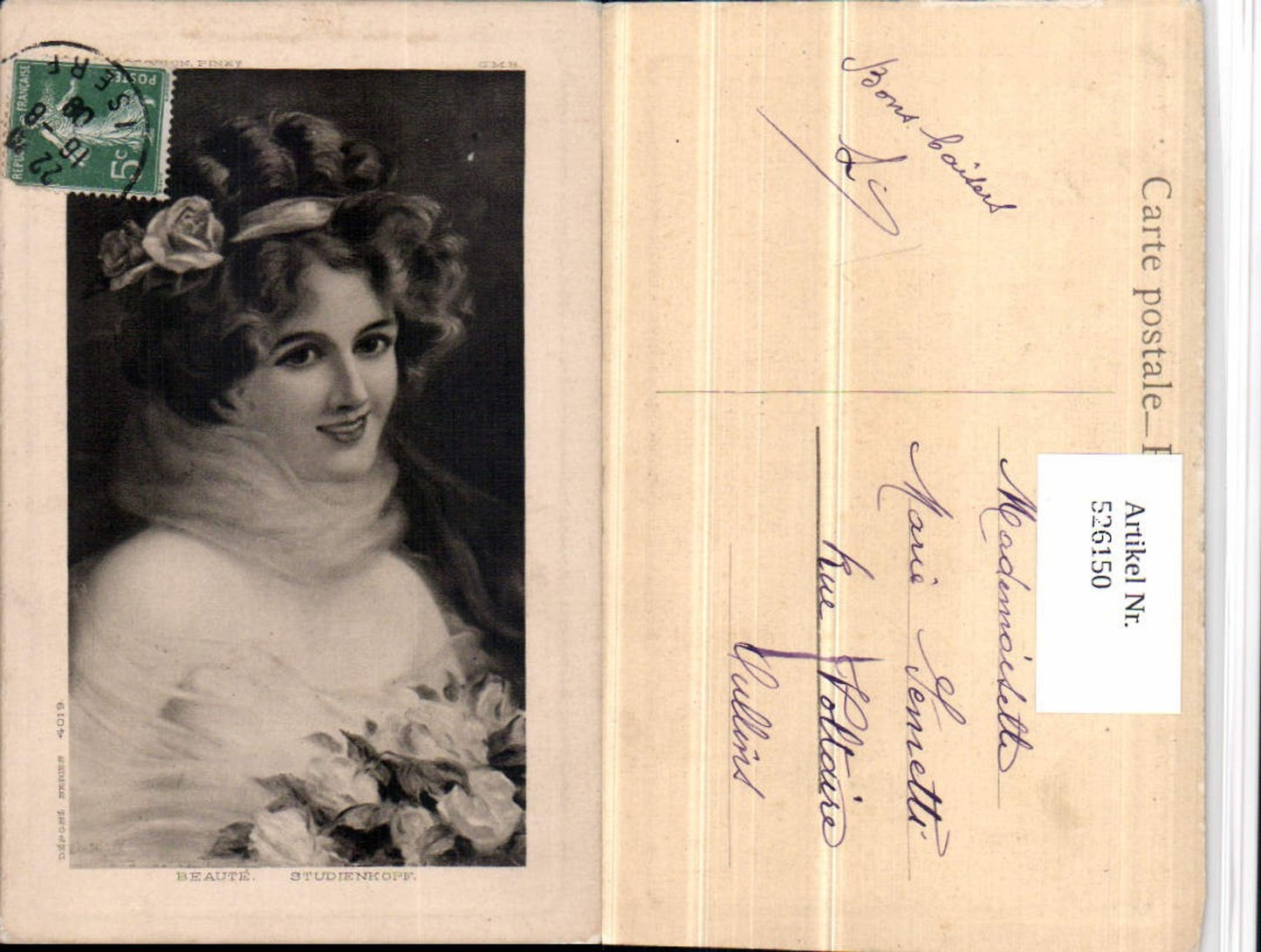 526150,Künstler AK Studienkopf Frau Risque Rosen im Haar Blumen Studie Portrait