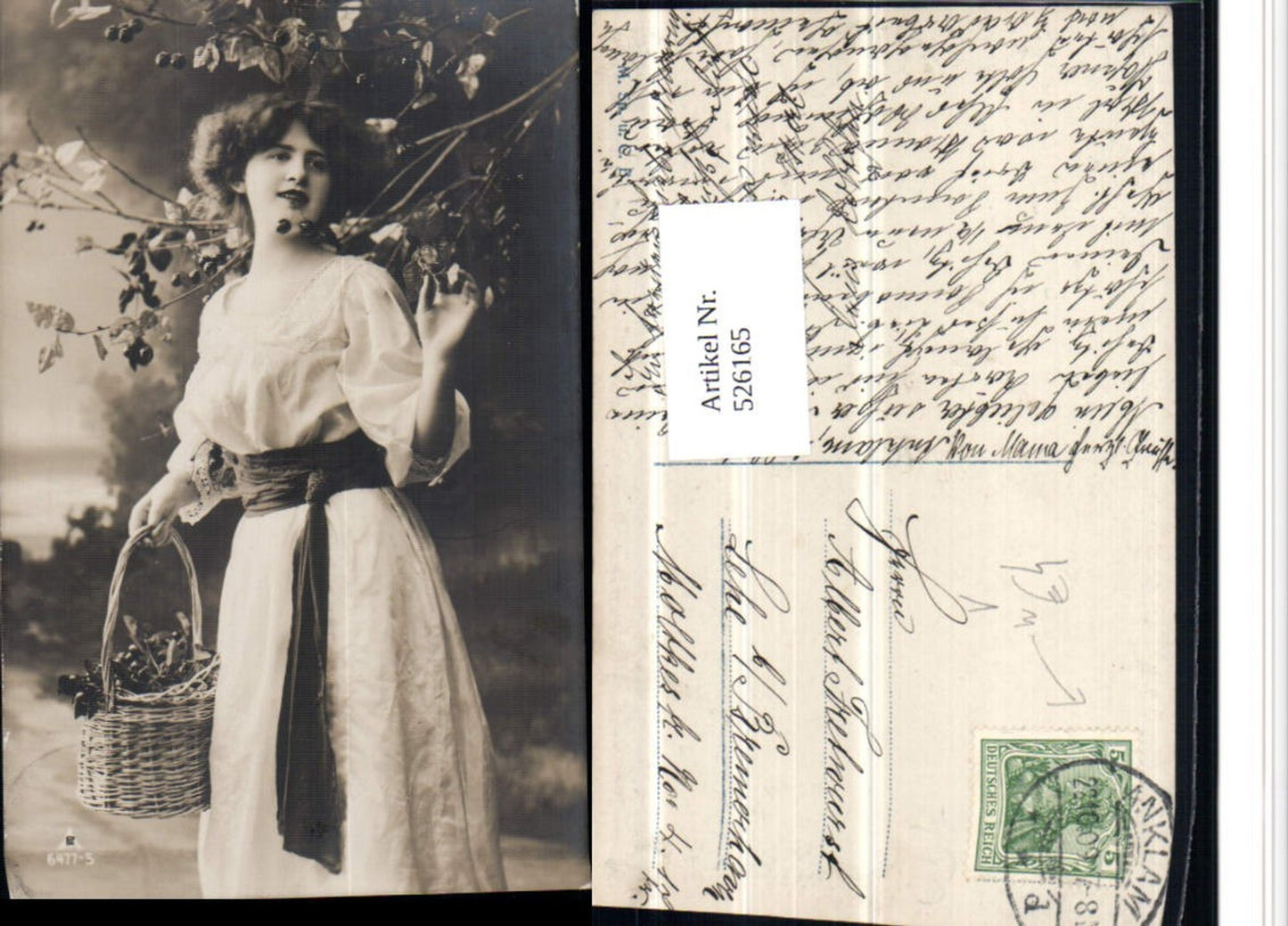 526165, Photo-AK Woman with cherries, fruit basket, dress, pub, Photochemistry Berlin 6477-5
