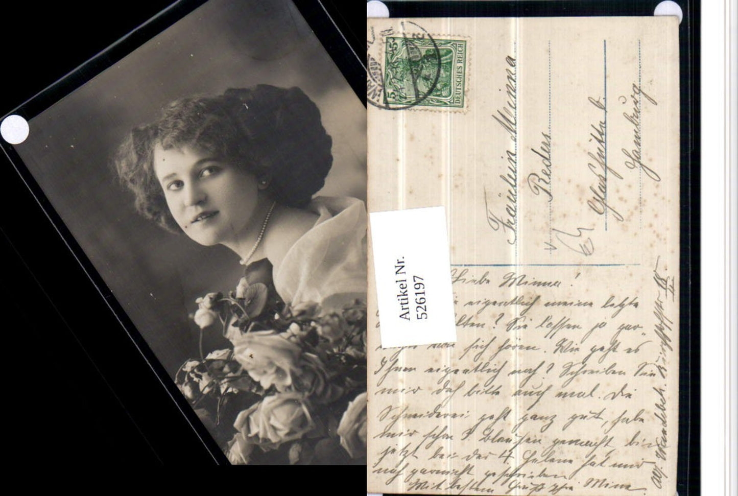 526197,Foto-AK Frau Portrait Halskette Perlenkette Rosen Blumen pub Photochemie 6844-3