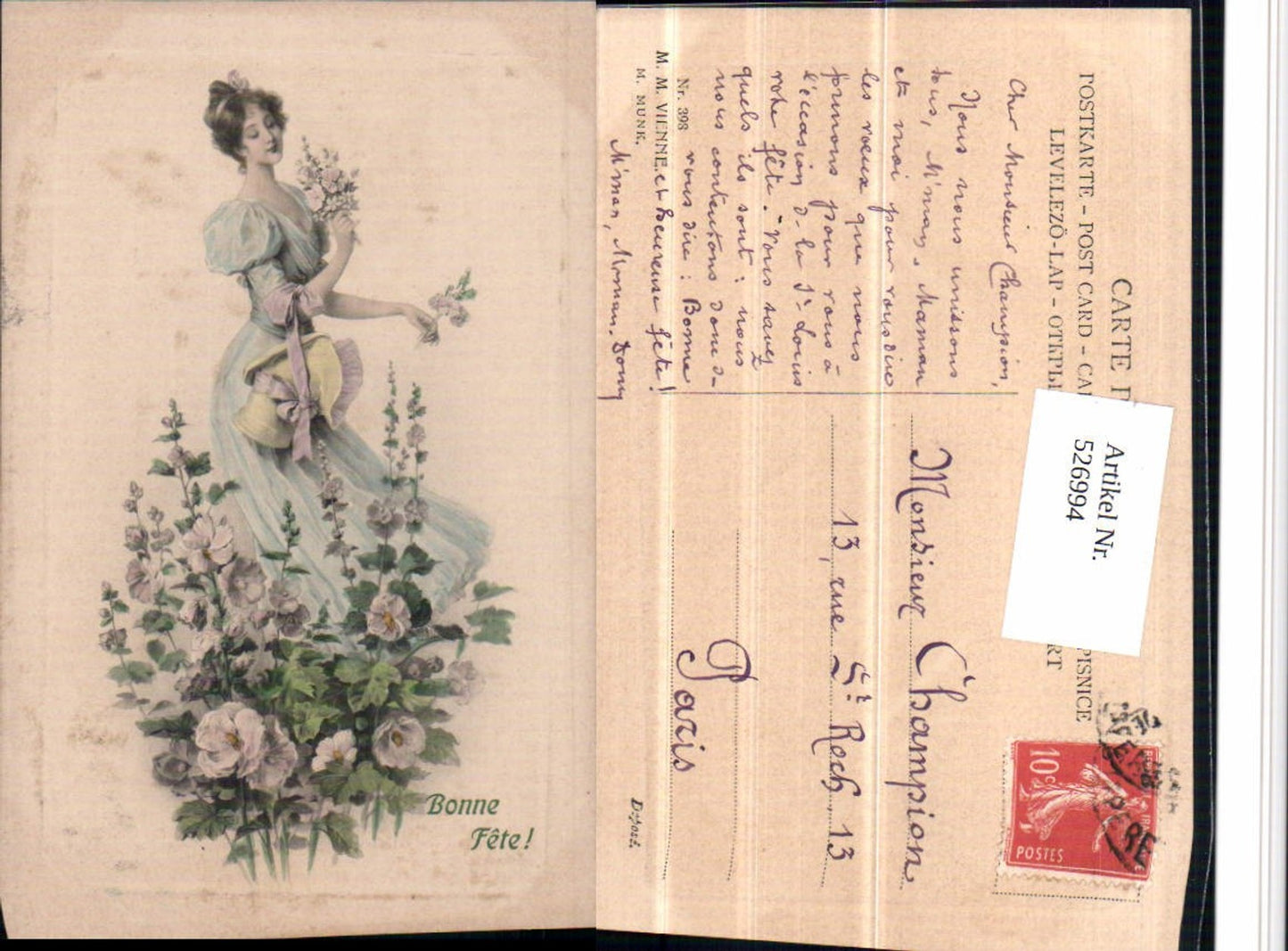 526994,Künstler AK M. Munk Vienne 398 Schöne Frau Blumen Bonne Fete