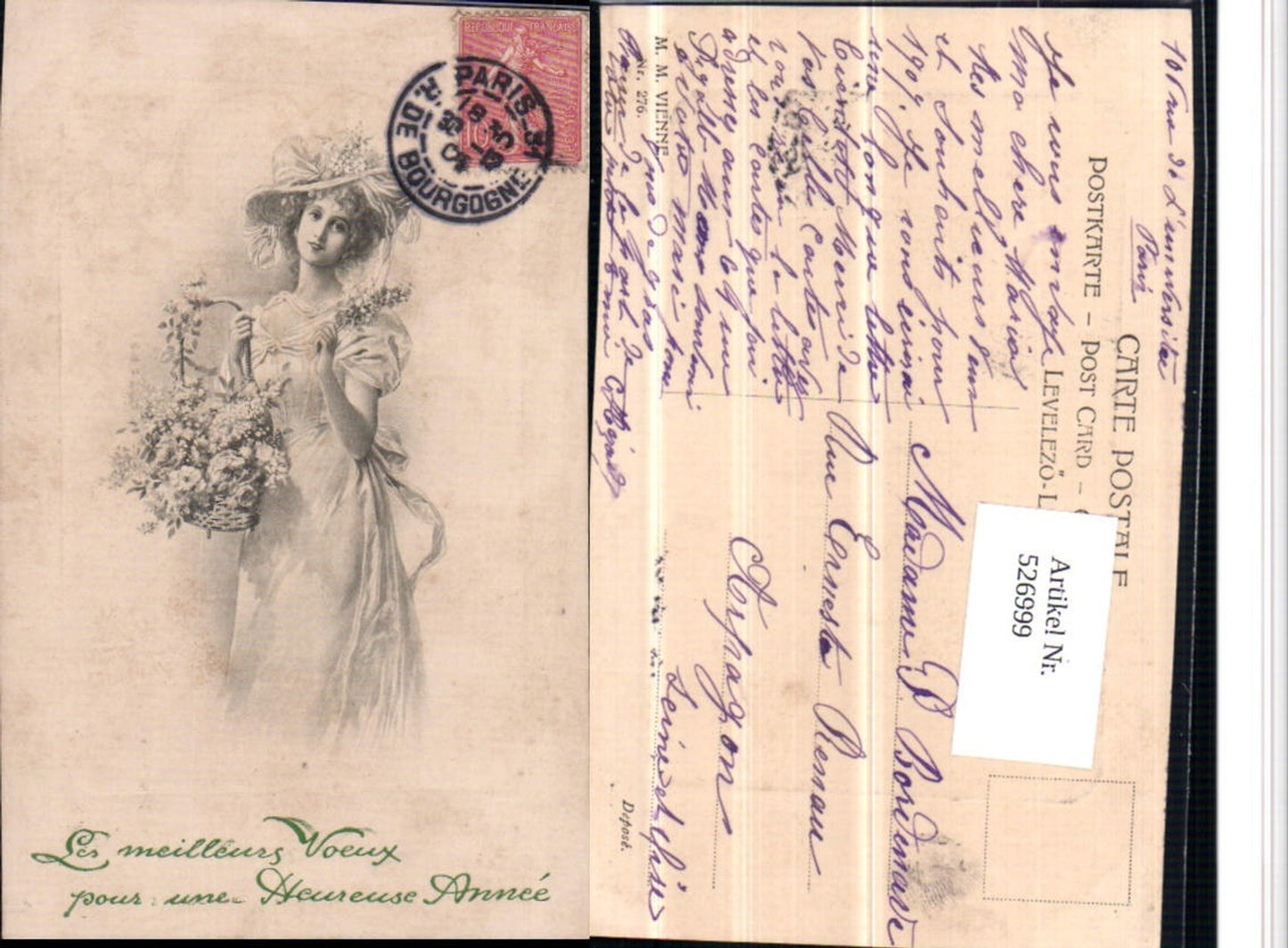 526999,Künstler AK M. Munk Vienne 276 Frau Kleid Blumen Hut
