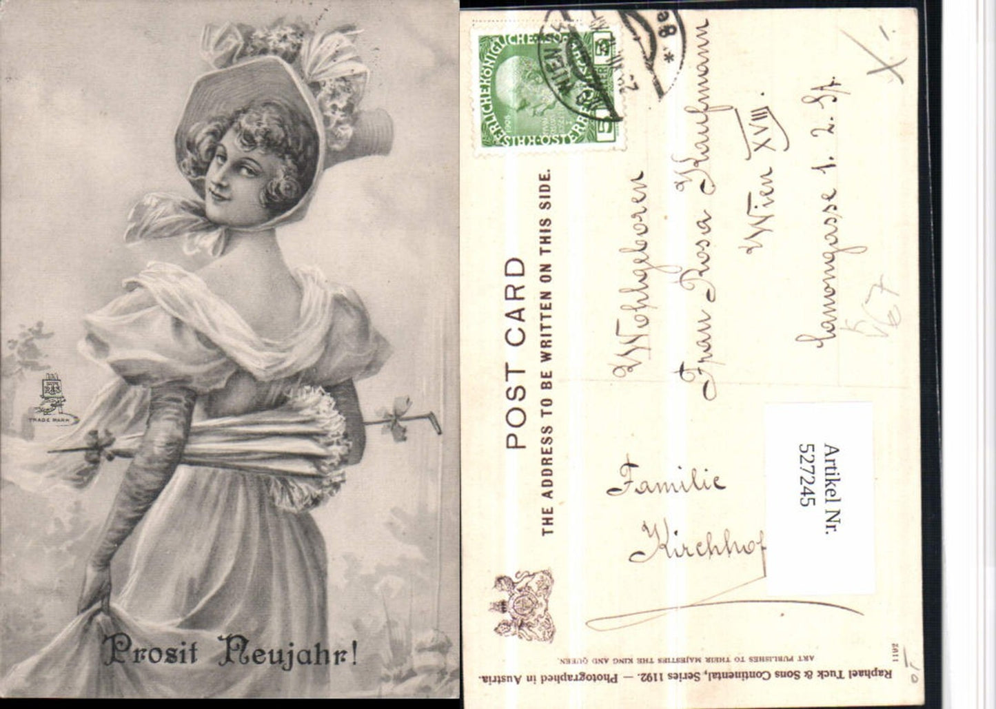 527245,Künstler AK Frau Mode Schirm Hut Hutmode Neujahrpub Tuck 1192 Jugendstil