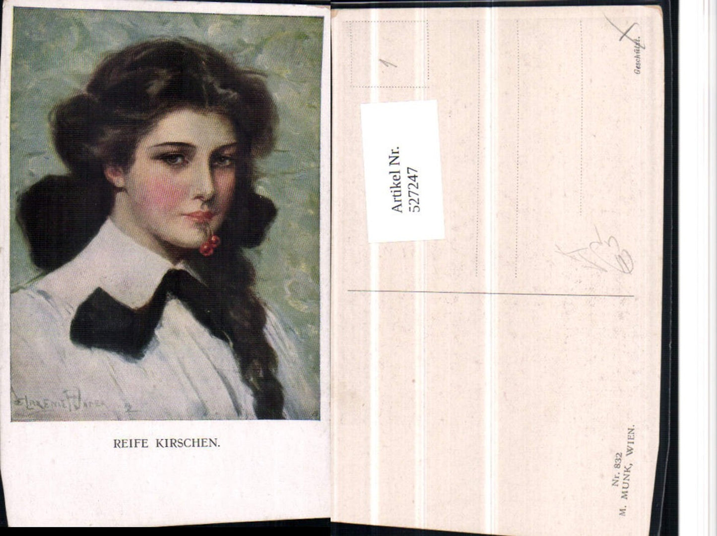 527247,Künstler AK Clarence F. Underwood Munk Vienne Frau Kirschen Obst