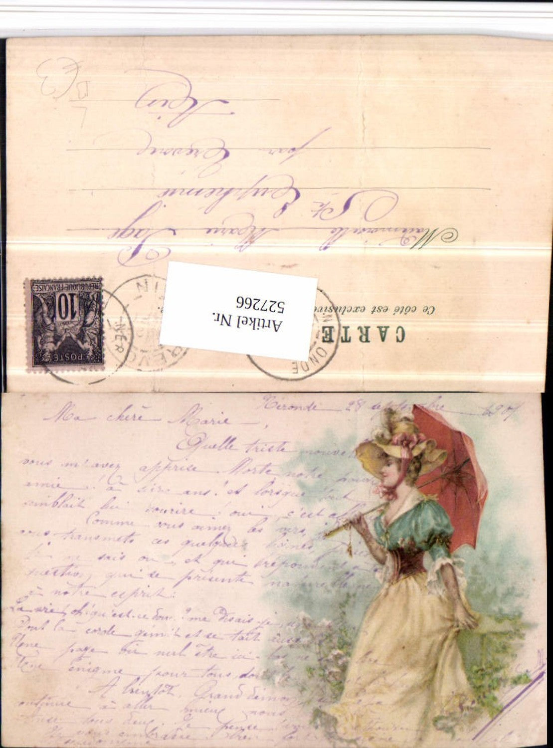527266,Litho Frau m. Schirm Kleid Hut