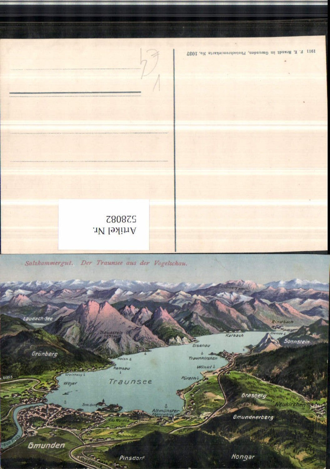 528082,Traunsee Gmunden Pinsdorf Altmünster Traunkirchen Vogelschau pub Brandt 1037