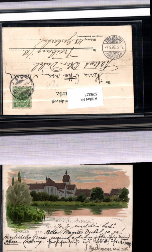 529327, great artist lithograph F. Hübsch, Reichenau Island, Constance on Lake Constance