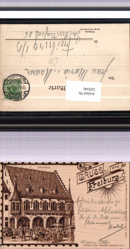 529346, Woodburning Imitation Postcard Greetings from Freiburg pub Hinsche