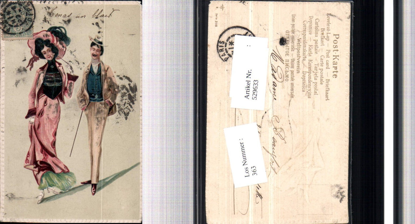 529633,Präge Litho Frau Mann Gehstock Kleid Hut Kleid