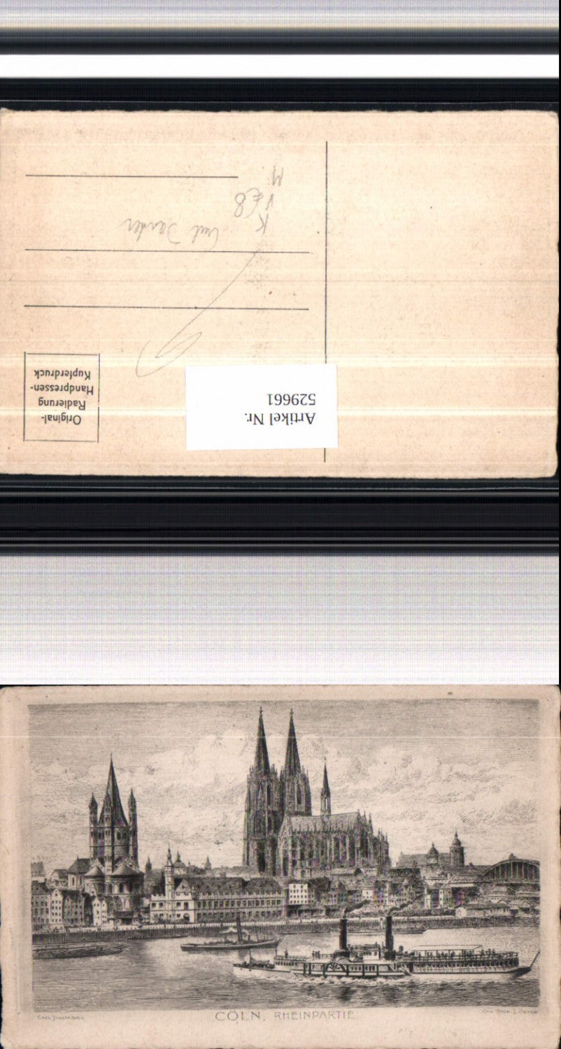 529661,Künstler Radierung J. Geyer Cöln Köln Rheinpartie Dampfer pub Carl Jander Berlin
