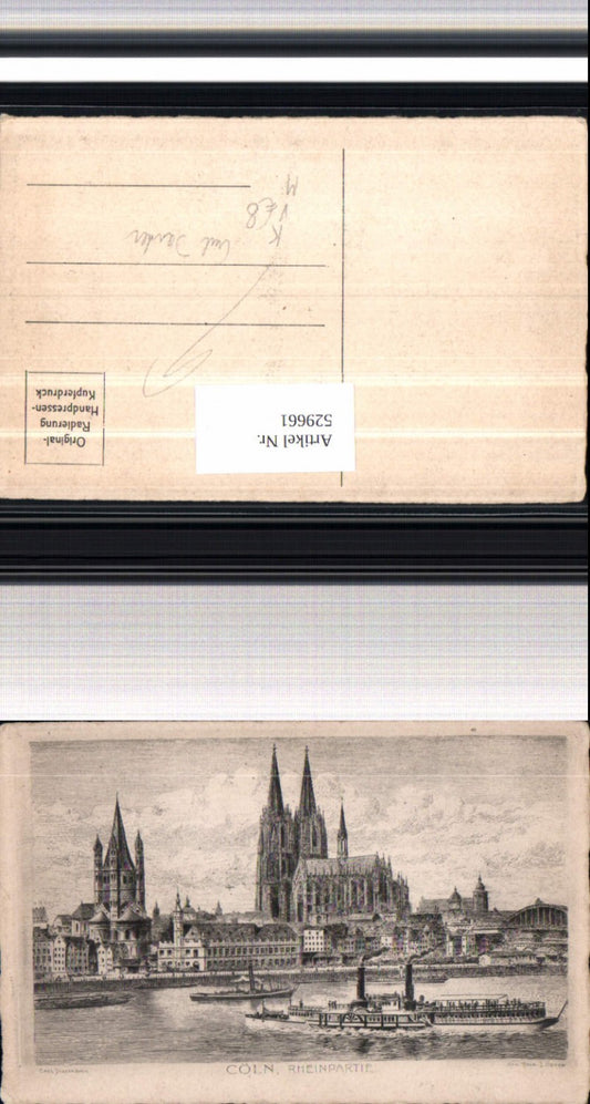 529661,Künstler Radierung J. Geyer Cöln Köln Rheinpartie Dampfer pub Carl Jander Berlin