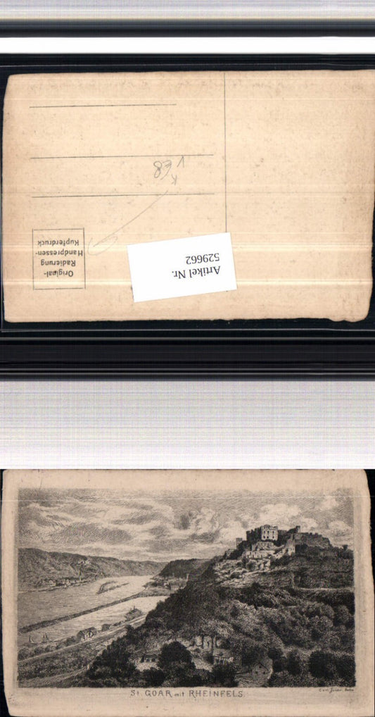 529662,Künstler Radierung S. Goar Rheinfels pub Carl Jander Berlin