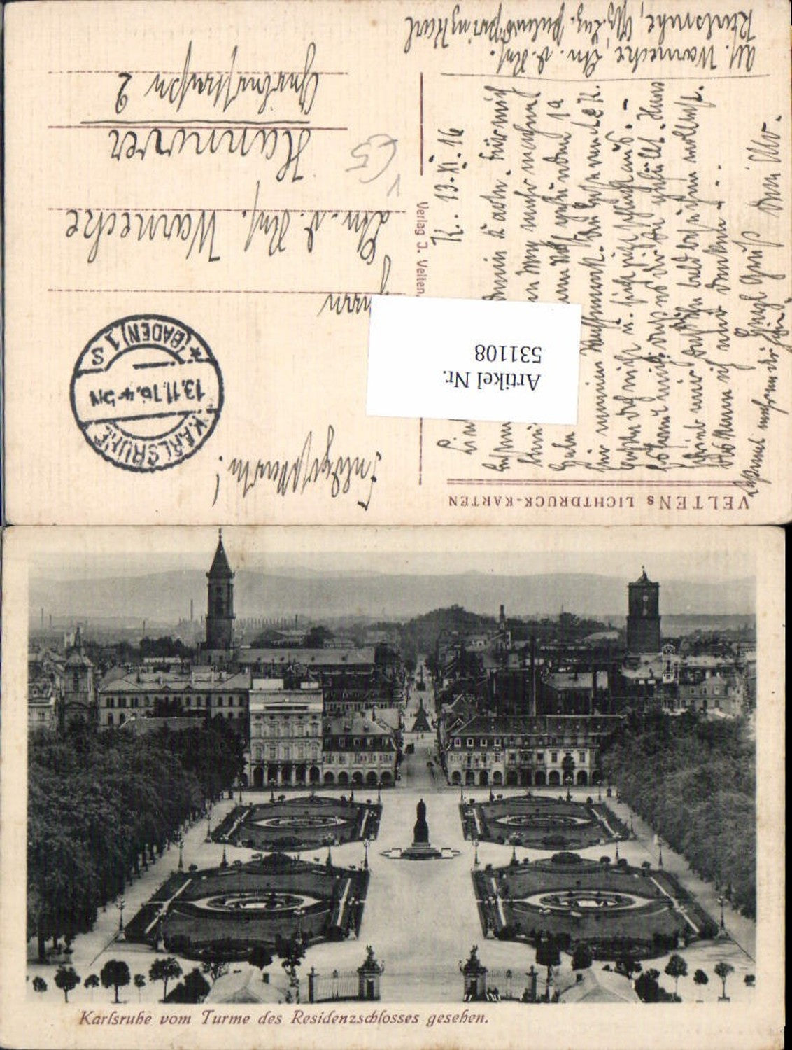 531108,Karlsruhe vom Turm des Residenzschlosses aus Lichtdruck Velten