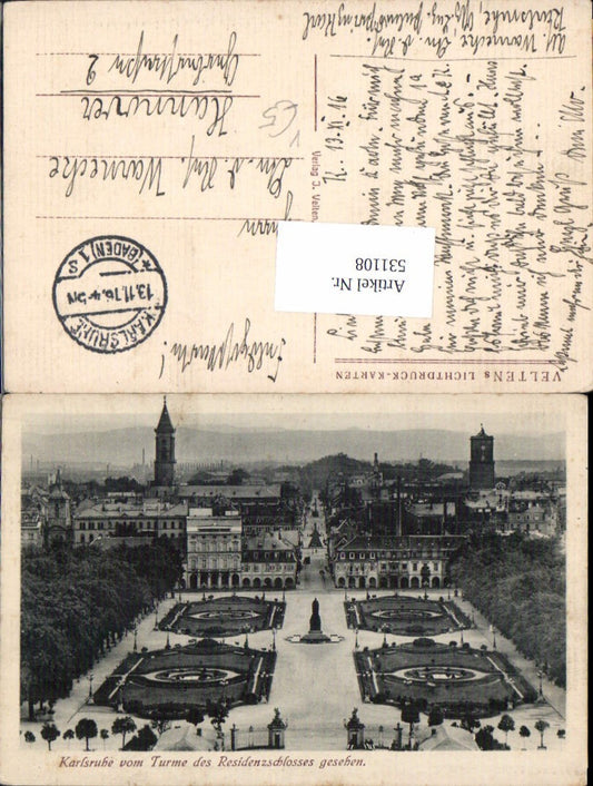 531108, Karlsruhe from the tower of the Residenzschloss (palace) photogravure Velten