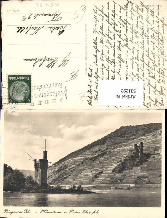 531292,Foto Ak Bingen a. Rhein Mäuseturm u. Ruine Ehrenfels Schiff