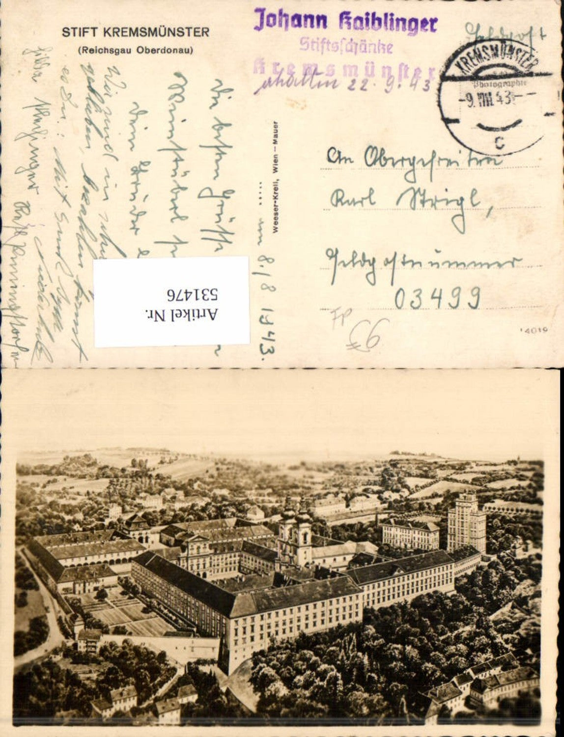531476,Stift Kremsmünster Reichsgau Oberdonau Feldpost