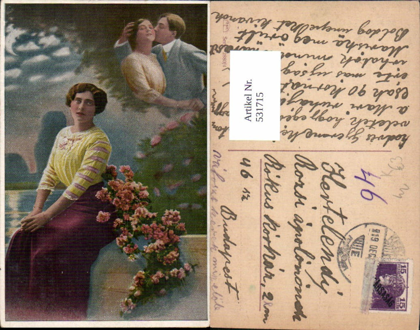 531715,Künstler AK Frau Liebe Paar Rosen Kuss Traum Fantasie
