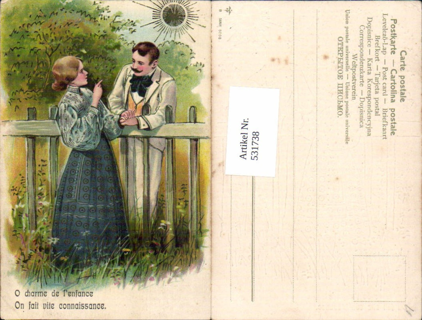 531738,Präge Litho Frau Liebe Paar Zaun Sonne