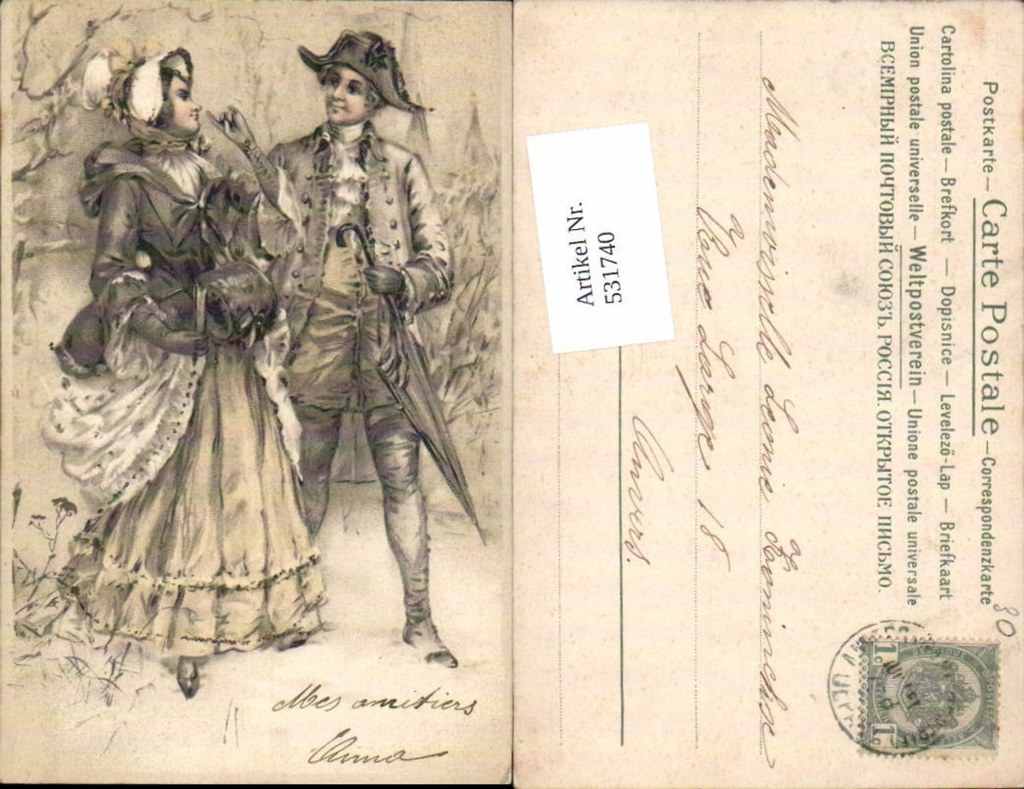 531740,Litho Frau Liebe Paar Hut Schirm Kleid Napoleon