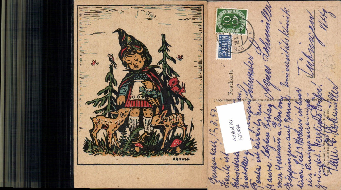 532484, Artist AK mouth-painted Arnulf Erich Stegmann Mushrooms Fly agaric Deer pub Nevertheless 204