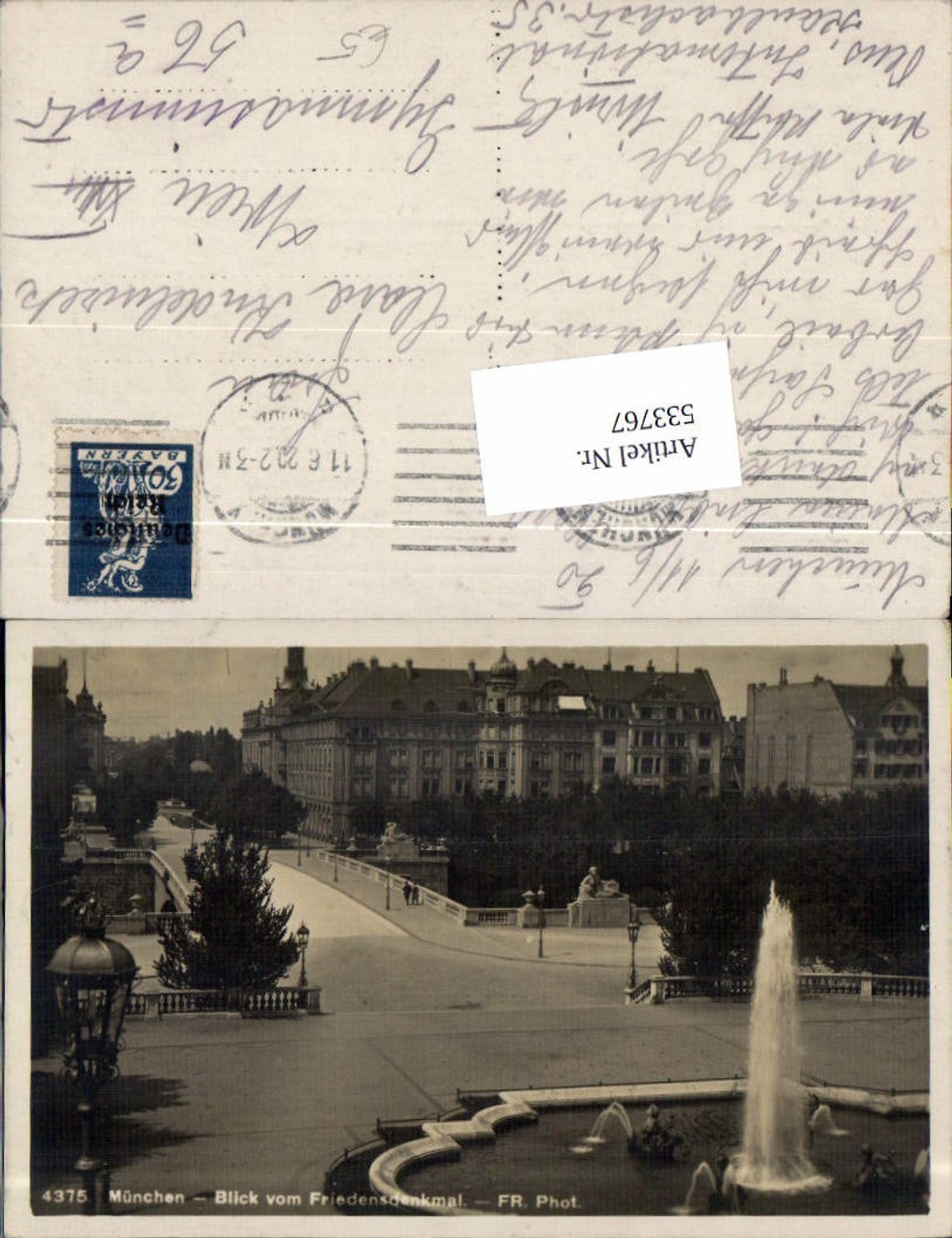 533766,tolle Foto-AK München Blick vom Friedensdenkmal Fontäne Brunnen pub FR. Phot 4375