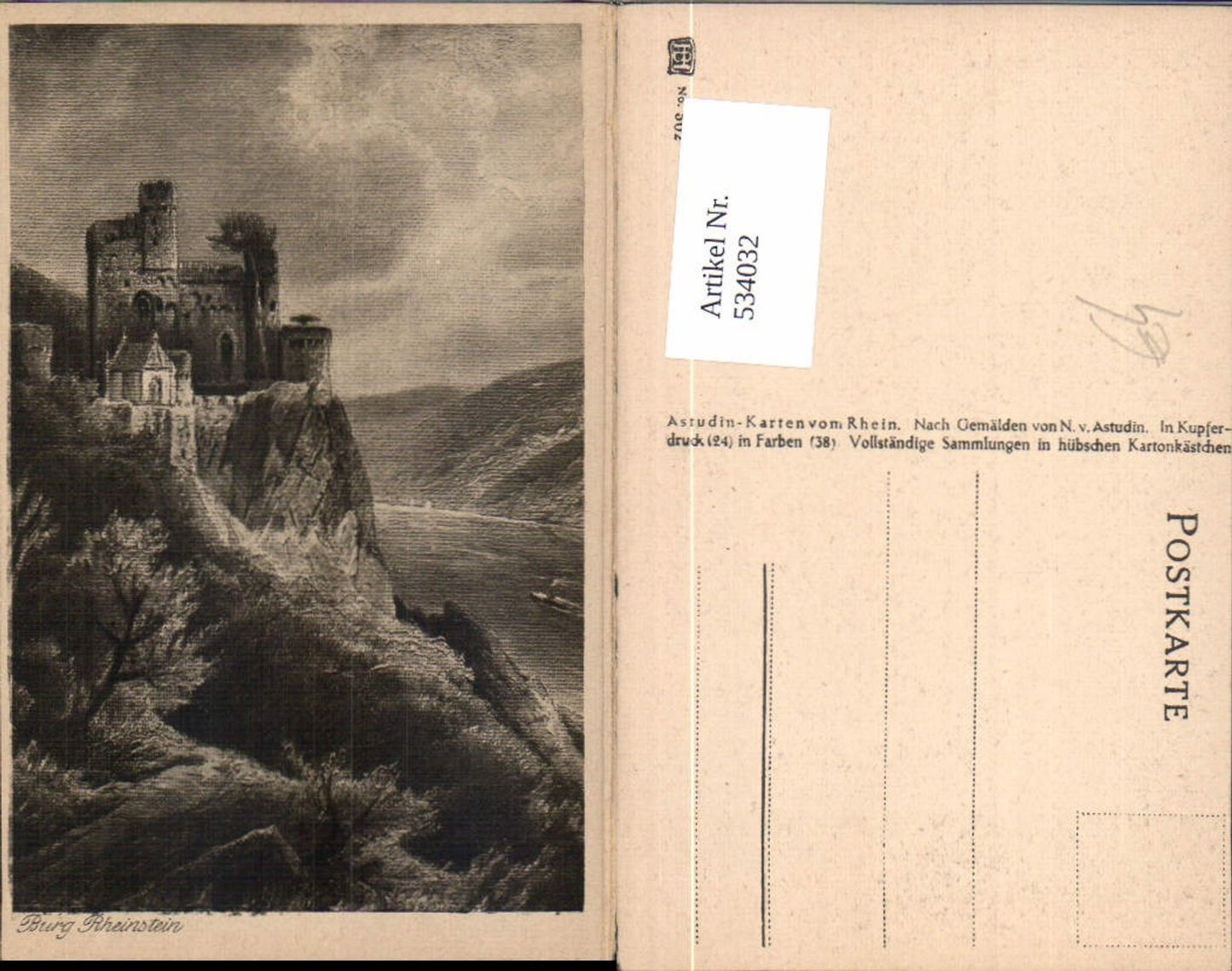 534032,Künstler AK N. Astudin Burg Rheinstein b. Trechtingshausen Rhein Nahe LK Mainz Bingen