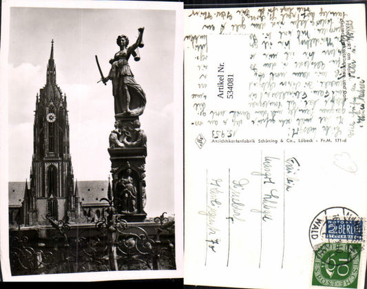 534081,Foto Ak Frankfurt a. Main Gerechtigkeitsbrunnen u. Dom